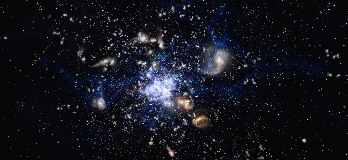 This artist’s impression depicts the formation of a galaxy cluster in the early Universe. The galaxies are vigorously forming new stars and interacting with each other. Such a scene closely resembles the Spiderweb Galaxy (formally known as MRC 1138-262) and its surroundings, which is one of the best-studiedprotoclusters.