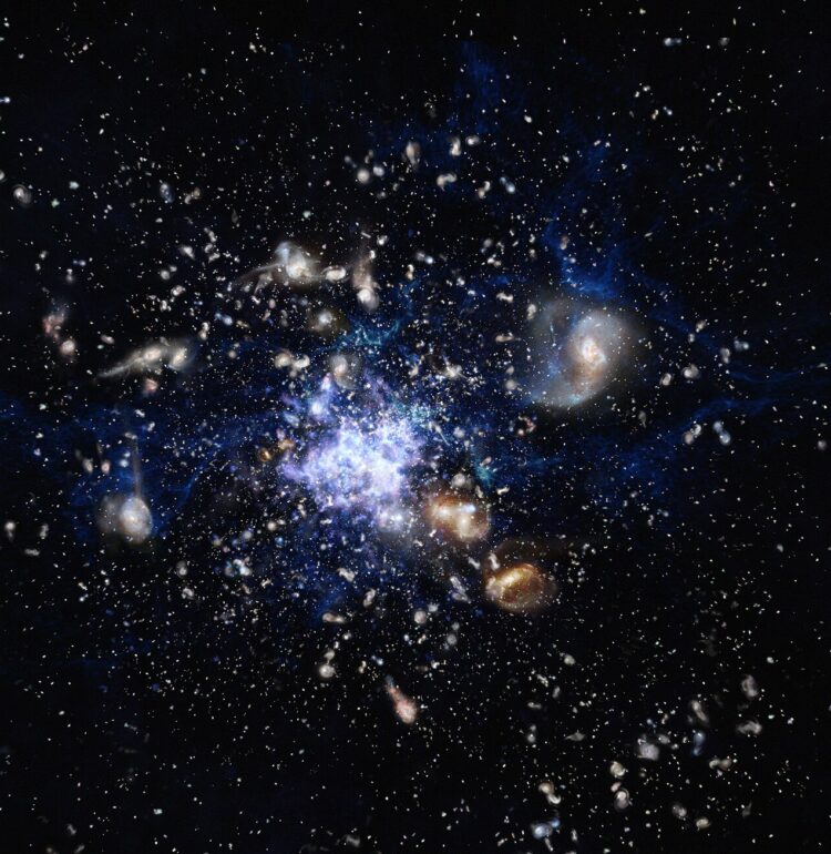 This artist’s impression depicts the formation of a galaxy cluster in the early Universe. The galaxies are vigorously forming new stars and interacting with each other. Such a scene closely resembles the Spiderweb Galaxy (formally known as MRC 1138-262) and its surroundings, which is one of the best-studiedprotoclusters.