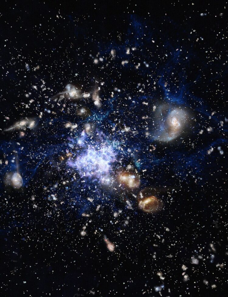 This artist’s impression depicts the formation of a galaxy cluster in the early Universe. The galaxies are vigorously forming new stars and interacting with each other. Such a scene closely resembles the Spiderweb Galaxy (formally known as MRC 1138-262) and its surroundings, which is one of the best-studiedprotoclusters.