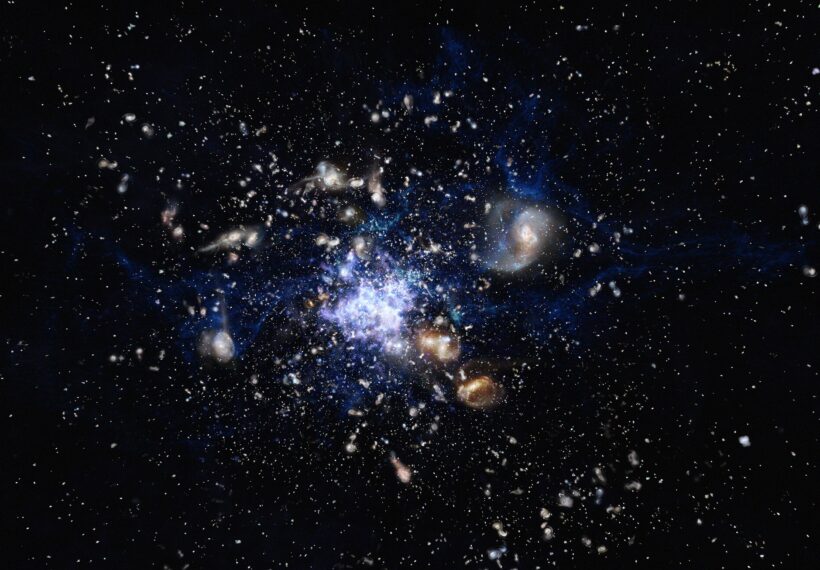 This artist’s impression depicts the formation of a galaxy cluster in the early Universe. The galaxies are vigorously forming new stars and interacting with each other. Such a scene closely resembles the Spiderweb Galaxy (formally known as MRC 1138-262) and its surroundings, which is one of the best-studiedprotoclusters.