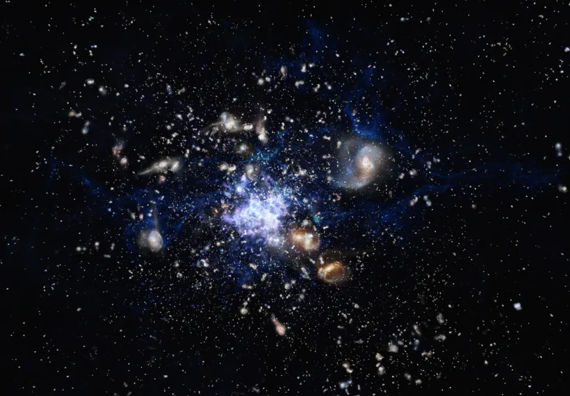 This artist’s impression depicts the formation of a galaxy cluster in the early Universe. The galaxies are vigorously forming new stars and interacting with each other. Such a scene closely resembles the Spiderweb Galaxy (formally known as MRC 1138-262) and its surroundings, which is one of the best-studiedprotoclusters.