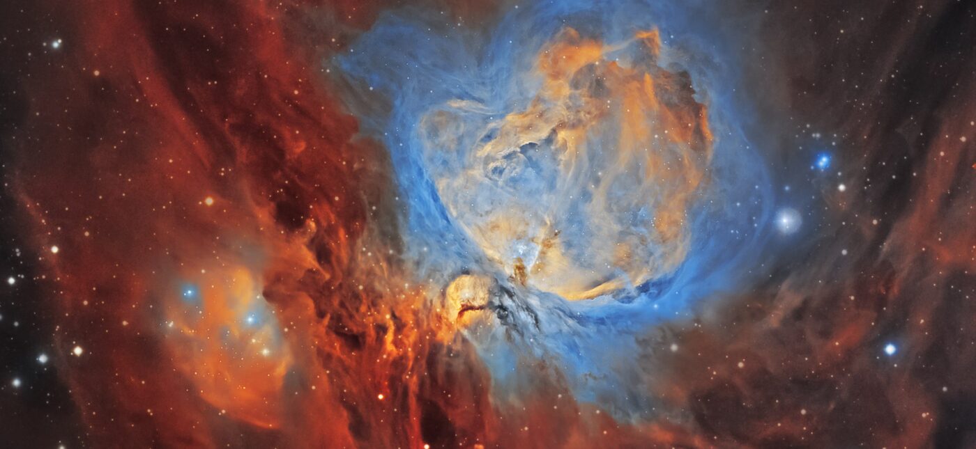Here's an image I captured this last week of the Orion Nebula M42. Everyone who has done any astronomy is probably quite familiar with this star-forming region that sits in the middle of Orion's sword. The colors will not be familiar to most people, since the colors are falsely introduced by using narrowband filters. Red represents Sii emission, green/orange represents H-alpha emission, and blue represents Oiii emissions. The most interesting photographic thing about the Orion nebula is the immense brightness dynamic range in the area. The inner core, the trapezium, can be seen well in just small fifteen second exposures in most amateur telescopes, but the outer wispy clouds took me over 16hrs of exposure to properly show. This also presents a problem in how one can show both the dim and faint at the same time, which is actually quite easily solved in post-processing using HDR composition and adaptive histogram transformations.