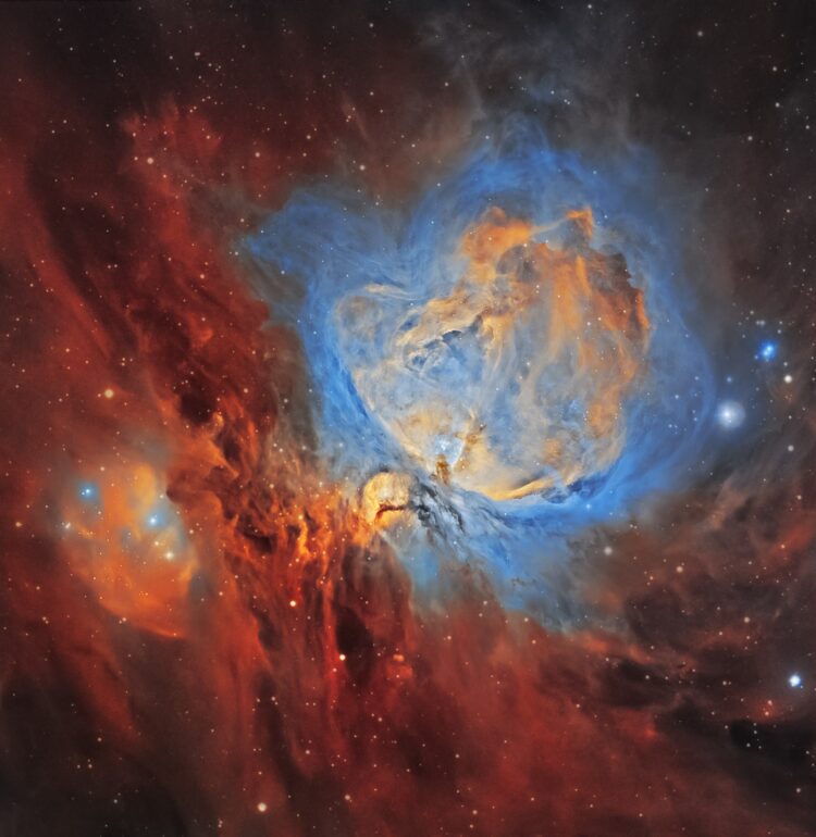 Here's an image I captured this last week of the Orion Nebula M42. Everyone who has done any astronomy is probably quite familiar with this star-forming region that sits in the middle of Orion's sword. The colors will not be familiar to most people, since the colors are falsely introduced by using narrowband filters. Red represents Sii emission, green/orange represents H-alpha emission, and blue represents Oiii emissions. The most interesting photographic thing about the Orion nebula is the immense brightness dynamic range in the area. The inner core, the trapezium, can be seen well in just small fifteen second exposures in most amateur telescopes, but the outer wispy clouds took me over 16hrs of exposure to properly show. This also presents a problem in how one can show both the dim and faint at the same time, which is actually quite easily solved in post-processing using HDR composition and adaptive histogram transformations.