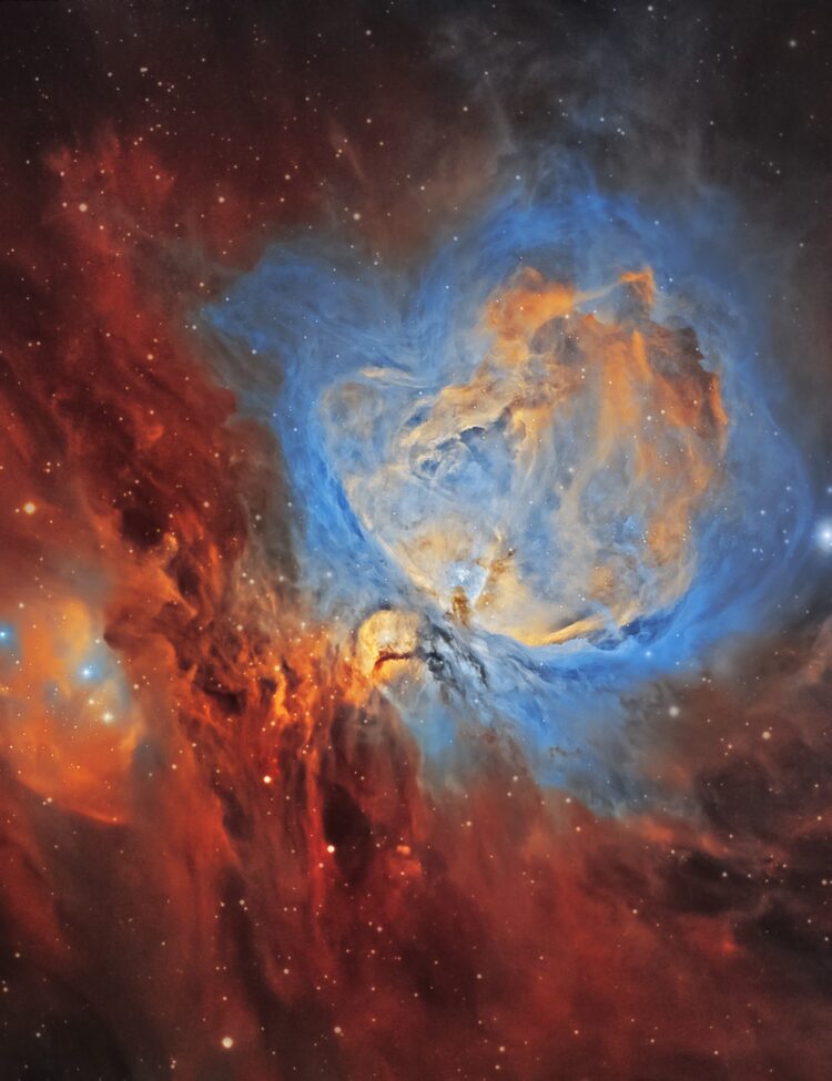 Here's an image I captured this last week of the Orion Nebula M42. Everyone who has done any astronomy is probably quite familiar with this star-forming region that sits in the middle of Orion's sword. The colors will not be familiar to most people, since the colors are falsely introduced by using narrowband filters. Red represents Sii emission, green/orange represents H-alpha emission, and blue represents Oiii emissions. The most interesting photographic thing about the Orion nebula is the immense brightness dynamic range in the area. The inner core, the trapezium, can be seen well in just small fifteen second exposures in most amateur telescopes, but the outer wispy clouds took me over 16hrs of exposure to properly show. This also presents a problem in how one can show both the dim and faint at the same time, which is actually quite easily solved in post-processing using HDR composition and adaptive histogram transformations.