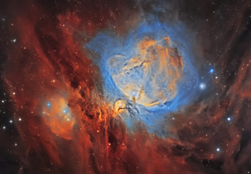 Here's an image I captured this last week of the Orion Nebula M42. Everyone who has done any astronomy is probably quite familiar with this star-forming region that sits in the middle of Orion's sword. The colors will not be familiar to most people, since the colors are falsely introduced by using narrowband filters. Red represents Sii emission, green/orange represents H-alpha emission, and blue represents Oiii emissions. The most interesting photographic thing about the Orion nebula is the immense brightness dynamic range in the area. The inner core, the trapezium, can be seen well in just small fifteen second exposures in most amateur telescopes, but the outer wispy clouds took me over 16hrs of exposure to properly show. This also presents a problem in how one can show both the dim and faint at the same time, which is actually quite easily solved in post-processing using HDR composition and adaptive histogram transformations.