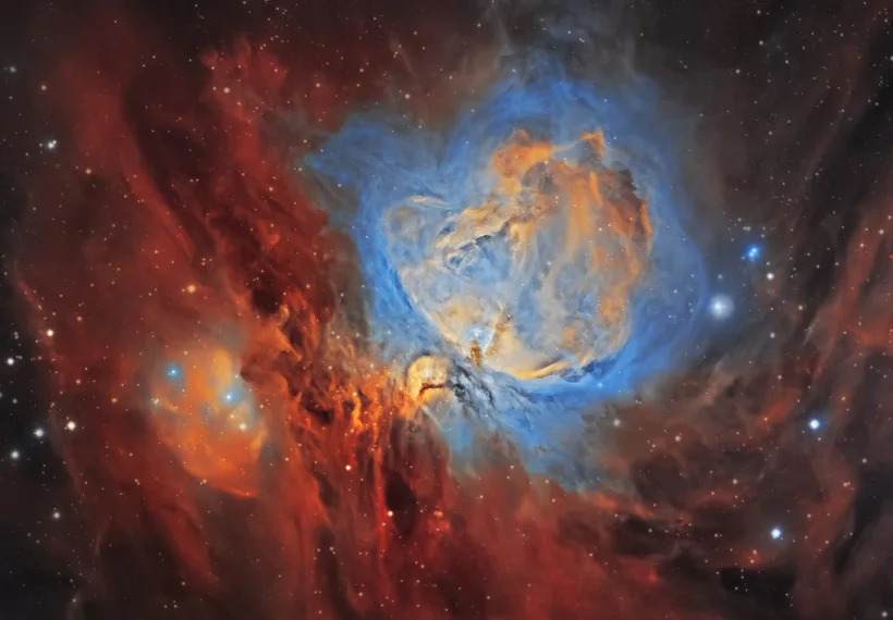 Here's an image I captured this last week of the Orion Nebula M42. Everyone who has done any astronomy is probably quite familiar with this star-forming region that sits in the middle of Orion's sword. The colors will not be familiar to most people, since the colors are falsely introduced by using narrowband filters. Red represents Sii emission, green/orange represents H-alpha emission, and blue represents Oiii emissions. The most interesting photographic thing about the Orion nebula is the immense brightness dynamic range in the area. The inner core, the trapezium, can be seen well in just small fifteen second exposures in most amateur telescopes, but the outer wispy clouds took me over 16hrs of exposure to properly show. This also presents a problem in how one can show both the dim and faint at the same time, which is actually quite easily solved in post-processing using HDR composition and adaptive histogram transformations.