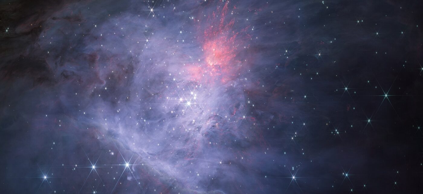 This image shows the full survey of the inner Orion Nebula and Trapezium Cluster made using the NIRCam instrument on the NASA/ESA/CSA James Webb Space Telescope. This is the short-wavelength colour composite, which reveals the nebula, its stars, and many other objects in unprecedented detail in the infrared.