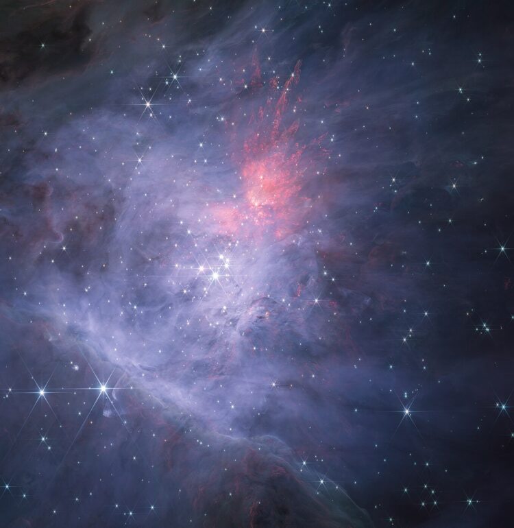 This image shows the full survey of the inner Orion Nebula and Trapezium Cluster made using the NIRCam instrument on the NASA/ESA/CSA James Webb Space Telescope. This is the short-wavelength colour composite, which reveals the nebula, its stars, and many other objects in unprecedented detail in the infrared.