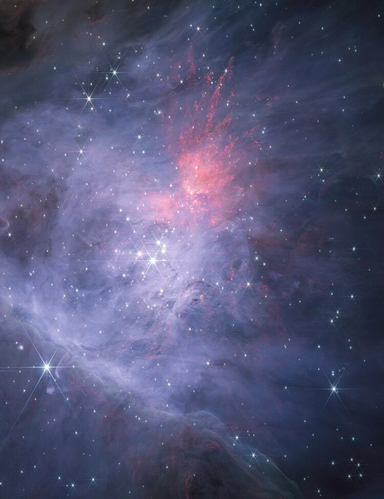 This image shows the full survey of the inner Orion Nebula and Trapezium Cluster made using the NIRCam instrument on the NASA/ESA/CSA James Webb Space Telescope. This is the short-wavelength colour composite, which reveals the nebula, its stars, and many other objects in unprecedented detail in the infrared.