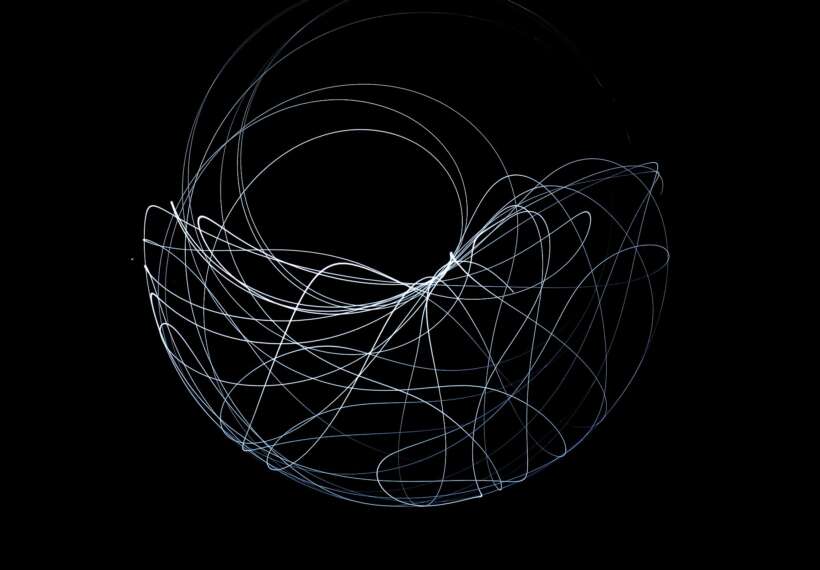 The butterfly effect is illustrated using a light source attached at the free end of double pendulum. This set of long exposure pictures shows the sensitive dependence on initial conditions in which a small change in one state can result in large differences in a later state, i.e. "small causes can have larger effects". As can be observed, each light trace pattern (each picture) is unique.