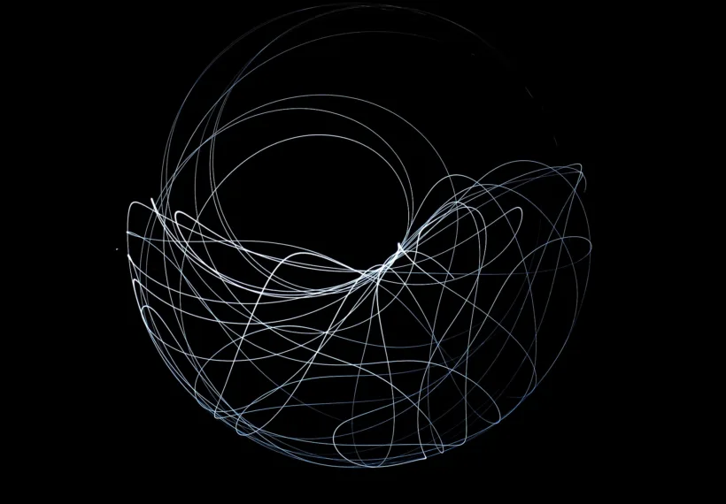 The butterfly effect is illustrated using a light source attached at the free end of double pendulum. This set of long exposure pictures shows the sensitive dependence on initial conditions in which a small change in one state can result in large differences in a later state, i.e. "small causes can have larger effects". As can be observed, each light trace pattern (each picture) is unique.