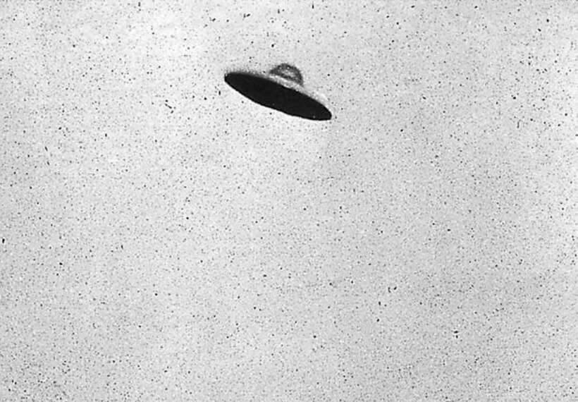 monotone non horizontal view of a supposed curvilinear centrally domed UFO relatively motionless (no blur) above an electrocommunications pole plus cables with deciduous trees.