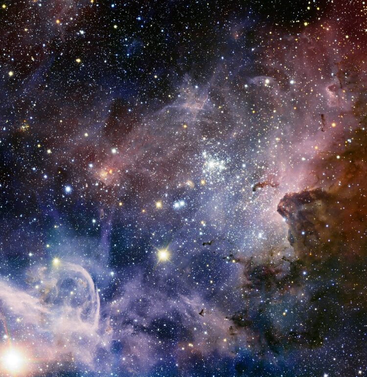 This broad panorama of the Carina Nebula, a region of massive star formation in the southern skies, was taken in infrared light using the HAWK-I camera on ESO’s Very Large Telescope. Many previously hidden features, scattered across a spectacular celestial landscape of gas, dust and young stars, have emerged.