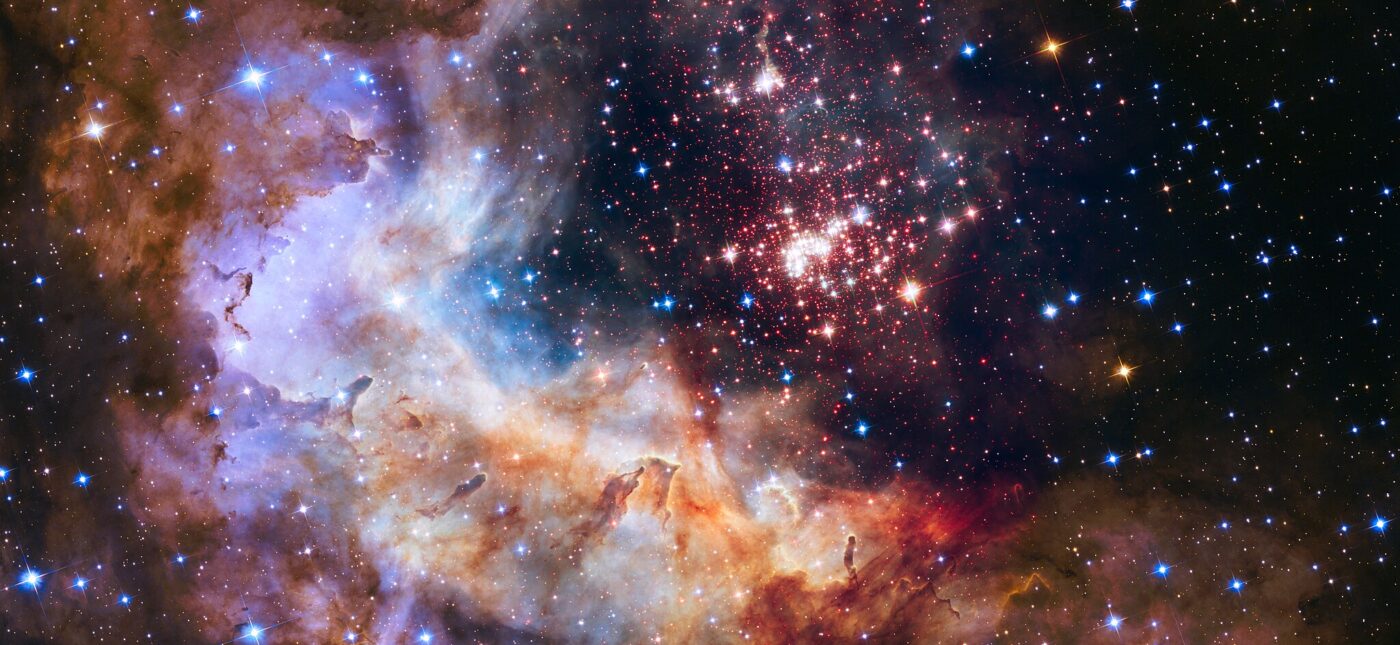 The star cluster Westerlund 2 in the Milky Way galaxy, with an estimated age of about one or two million years. It contains some of the hottest, brightest, and most massive stars known. The cluster resides inside a stellar breeding ground known as Gum 29, located 20,000 light-years away in the constellation Carina.