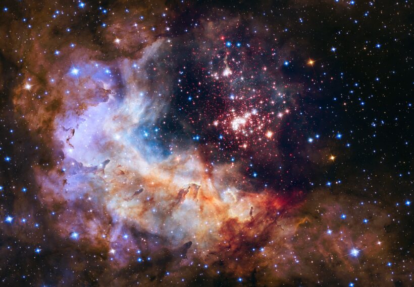 The star cluster Westerlund 2 in the Milky Way galaxy, with an estimated age of about one or two million years. It contains some of the hottest, brightest, and most massive stars known. The cluster resides inside a stellar breeding ground known as Gum 29, located 20,000 light-years away in the constellation Carina.
