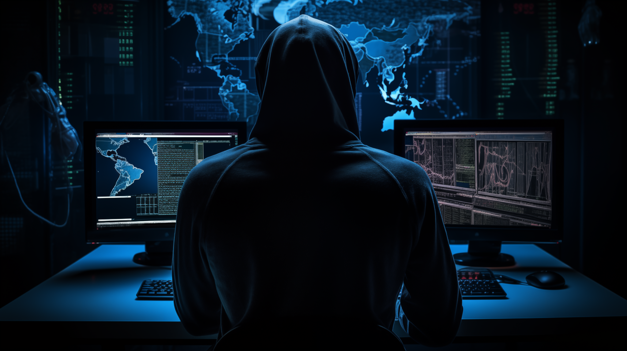 A concept image of a hacker at work in a dark room. The image was created for a piece of content but has since been released for use under a Creative Commons License. In other words, We invite you to use the image freely with attribution in the form of a link to the copyright holder's website at https:.//www.microbizmag.co.uk