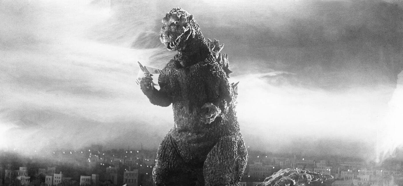 Production still of Godzilla in Godzilla (1954).