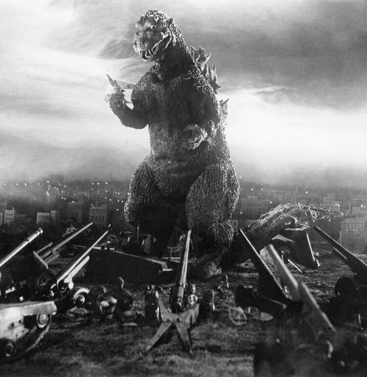 Production still of Godzilla in Godzilla (1954).