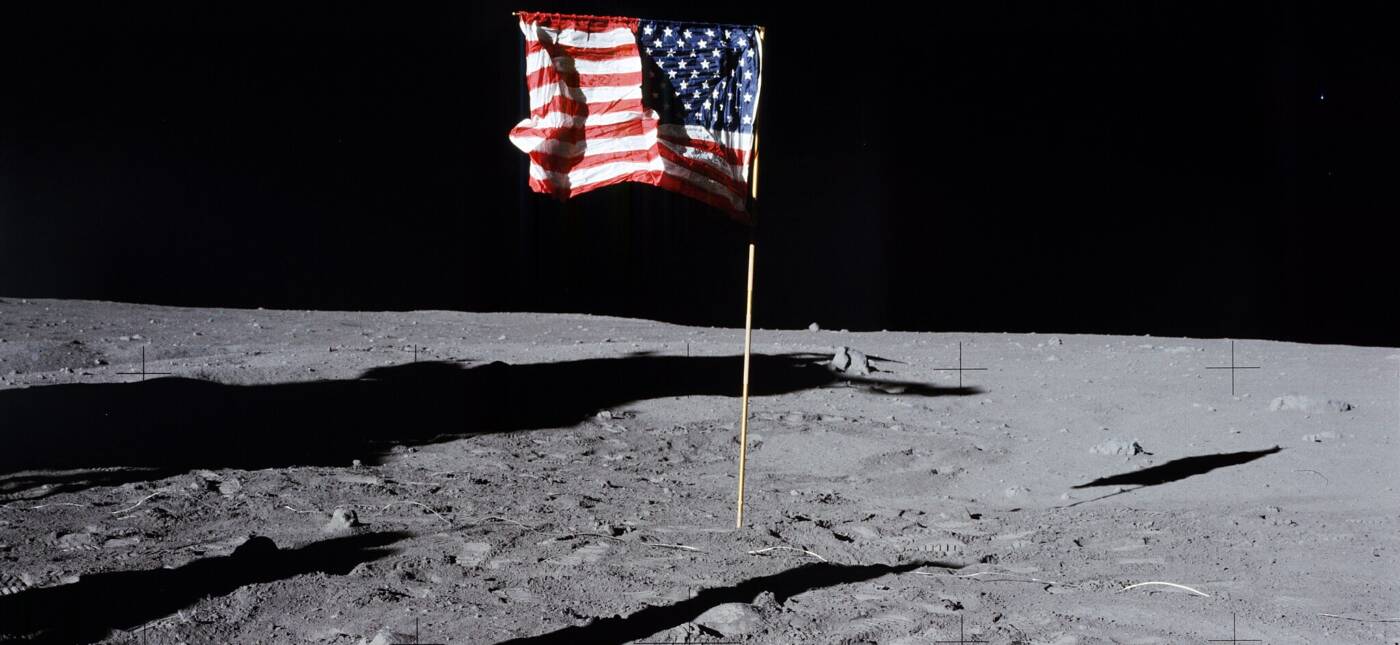 Apollo 11 Hasselblad image from film magazine 40/S - EVA. US flag on the moon.