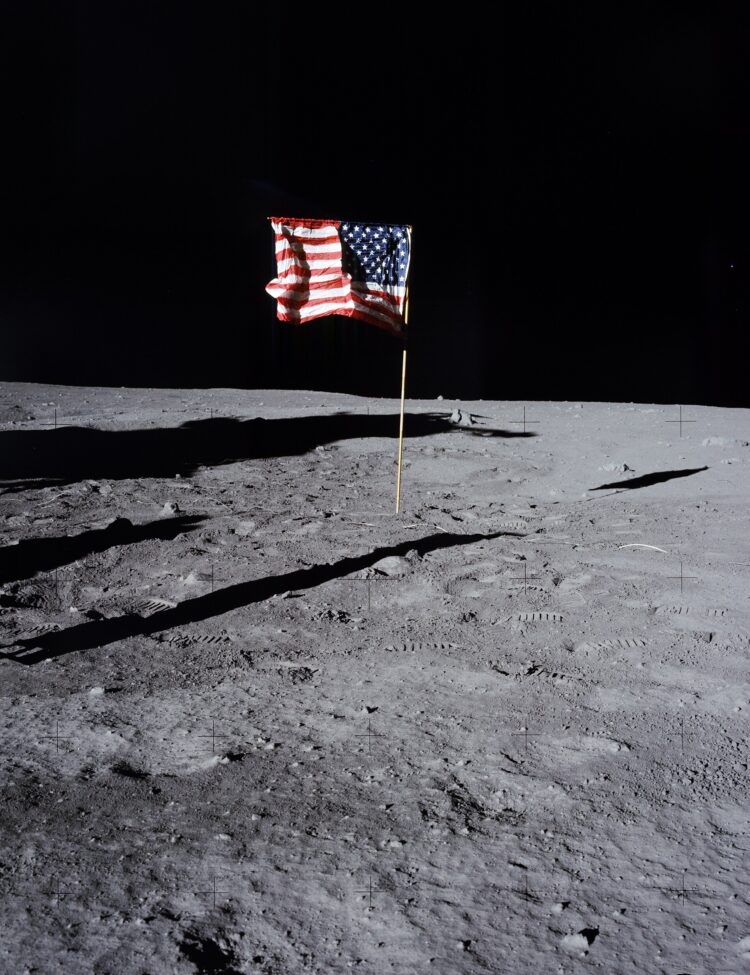 Apollo 11 Hasselblad image from film magazine 40/S - EVA. US flag on the moon.