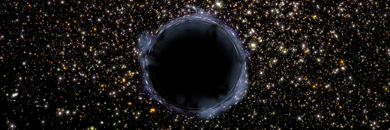 Artist's view of a black hole in a globular cluster. A black hole is an infinitely small and dense region where space is so tightly warped by gravity that not even light can escape.