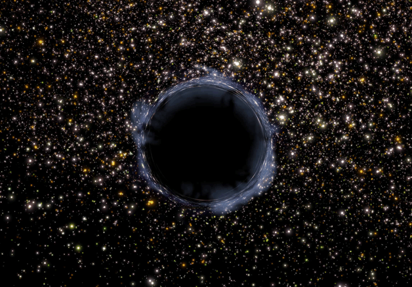 Artist's view of a black hole in a globular cluster. A black hole is an infinitely small and dense region where space is so tightly warped by gravity that not even light can escape.