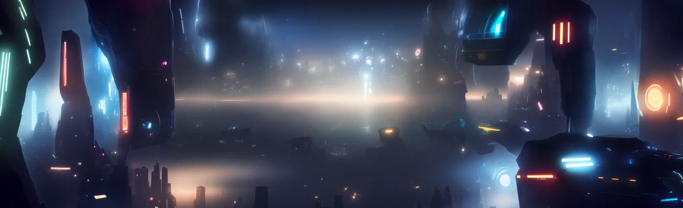 Algorithmically-generated AI science-fiction artwork featuring an advanced, high-tech metropolis in the distant future, created using the Stable Diffusion V1-4 AI diffusion model.