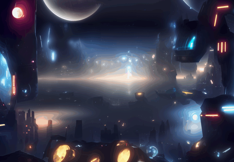 Algorithmically-generated AI science-fiction artwork featuring an advanced, high-tech metropolis in the distant future, created using the Stable Diffusion V1-4 AI diffusion model.