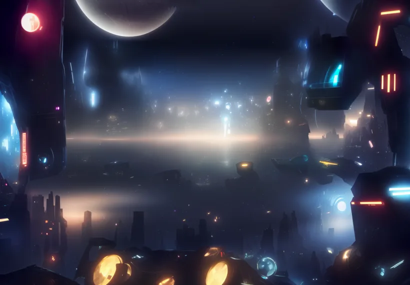 Algorithmically-generated AI science-fiction artwork featuring an advanced, high-tech metropolis in the distant future, created using the Stable Diffusion V1-4 AI diffusion model.