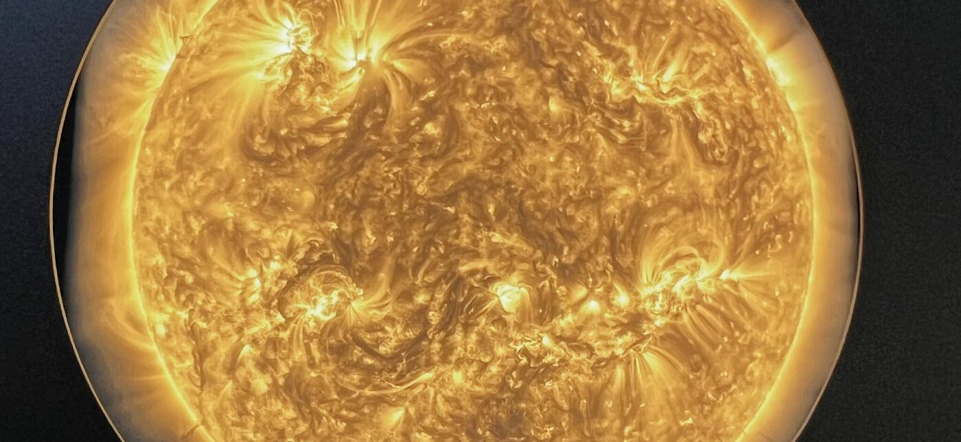 The image was captured in extremely short-wave UV light by the Solar Orbiter spacecraft, launched in 2020. In this wavelength range, the corona – the outer, much hotter layer of the solar atmosphere – becomes visible.