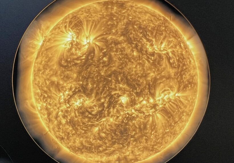 The image was captured in extremely short-wave UV light by the Solar Orbiter spacecraft, launched in 2020. In this wavelength range, the corona – the outer, much hotter layer of the solar atmosphere – becomes visible.