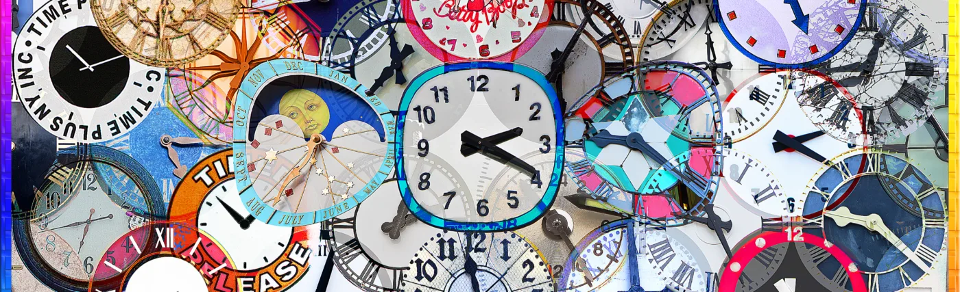 A collage of clocks from across the world by Mark Morgan
