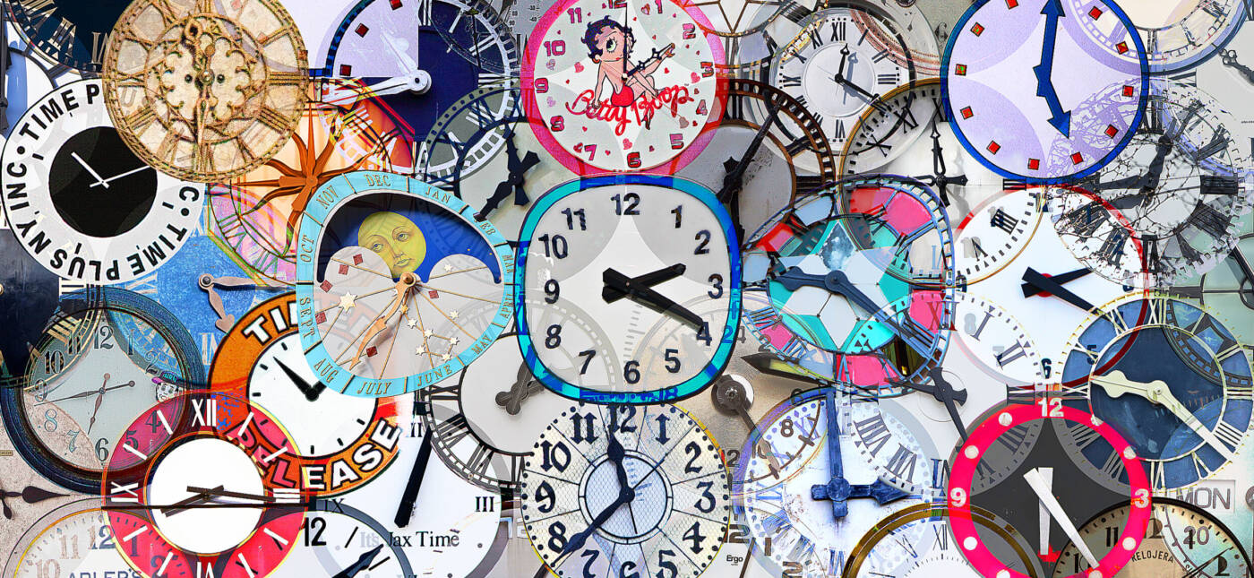 A collage of clocks from across the world by Mark Morgan