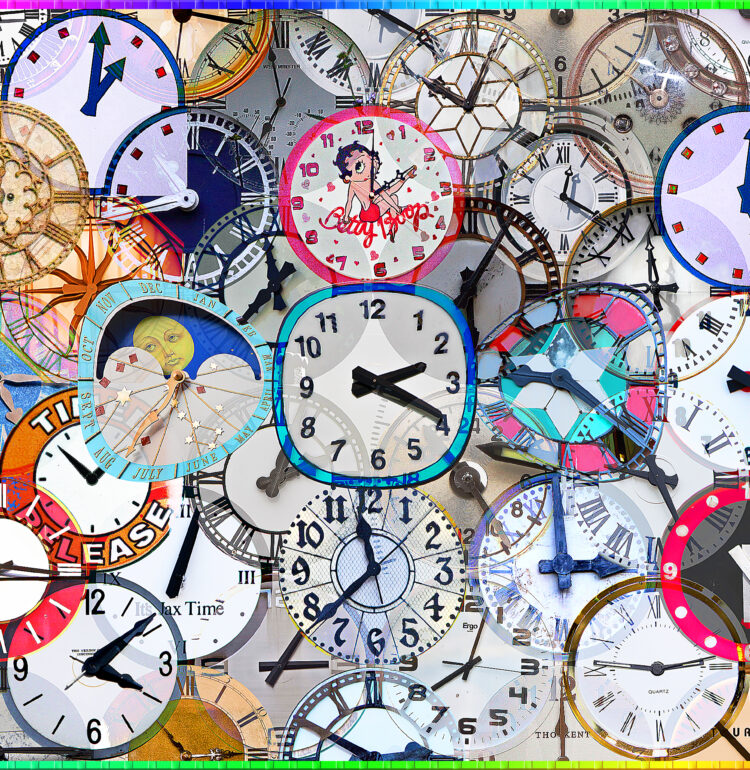 A collage of clocks from across the world by Mark Morgan