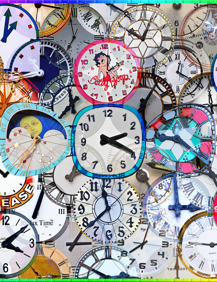 A collage of clocks from across the world by Mark Morgan