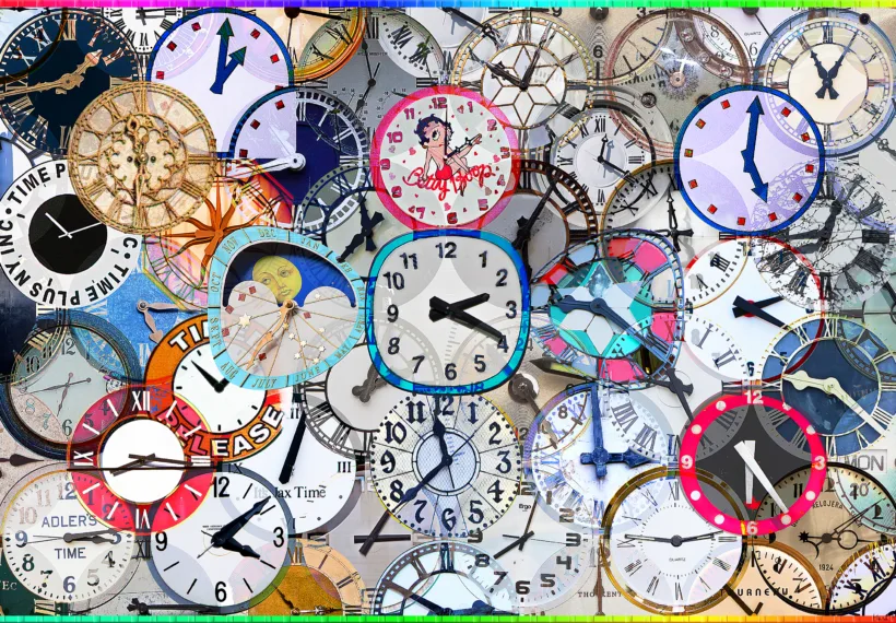 A collage of clocks from across the world by Mark Morgan