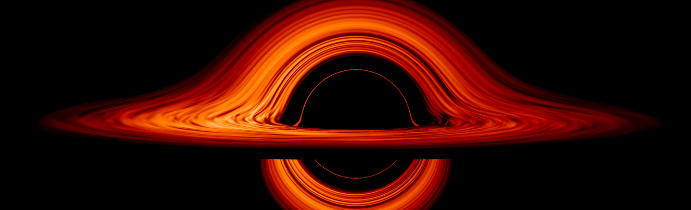 Seen nearly edgewise, the turbulent disk of gas churning around a black hole takes on a crazy double-humped appearance. The black hole’s extreme gravity alters the paths of light coming from different parts of the disk, producing the warped image.