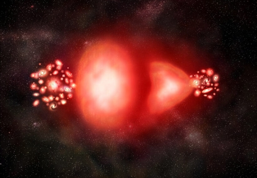 Illustration of Antimatter/Matter Annihilation Antimatter is made up of elementary particles that have the same masses as their corresponding matter counterparts but the opposite charges and magnetic properties. This illustration shows what happens when a particle of antimatter collides with one of matter