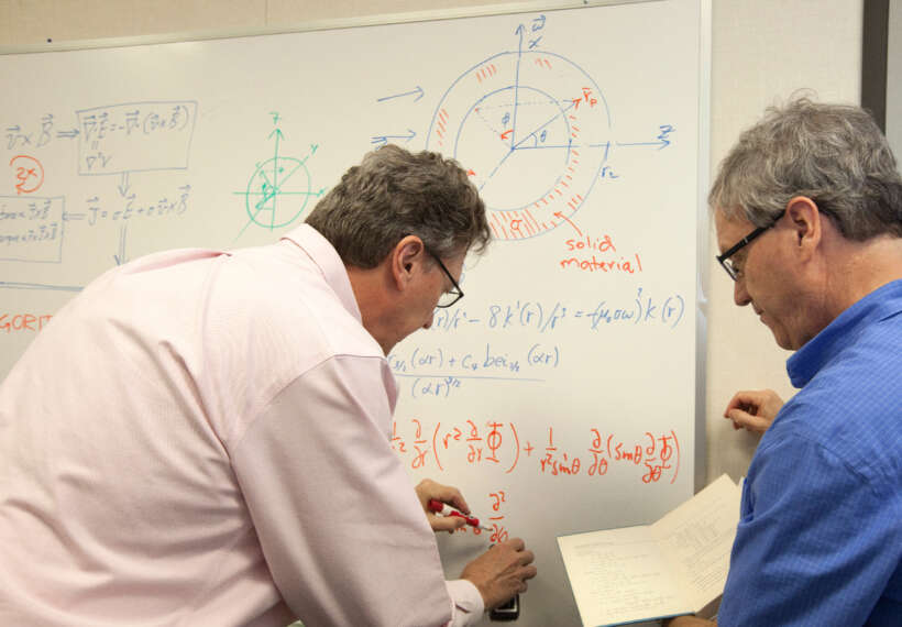 Physicists work on an equation