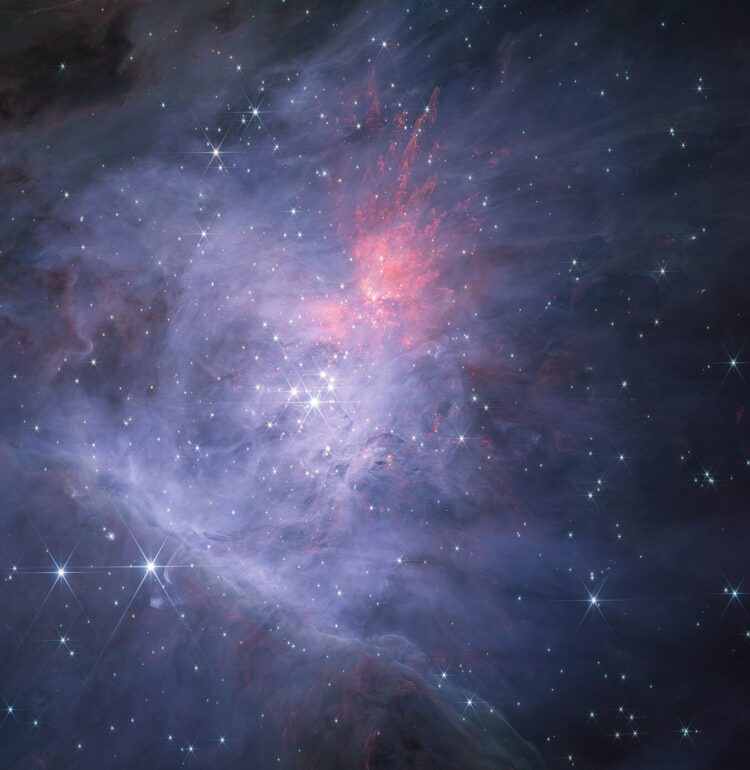 This image shows the full survey of the inner Orion Nebula and Trapezium Cluster made using the NIRCam instrument on the NASA/ESA/CSA James Webb Space Telescope.