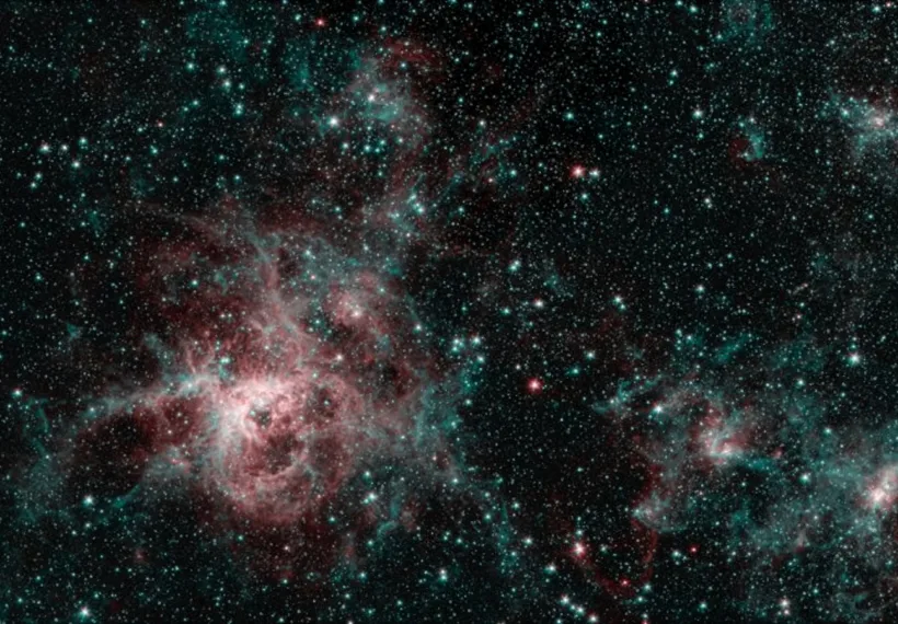 This image from NASA's Spitzer Space Telescope shows the Tarantula Nebula in two wavelengths of infrared light, each represented by a different color. The red color at the heart of the nebula shows the presence of particularly hot gas emitting infrared light at a wavelength of 4.5 micrometers. The blue regions are dust composed of molecules called polycyclic aromatic hydrocarbons (PAHs), which are also found in ash from coal, wood and oil fires on Earth. Regions emitting both wavelengths appear white.