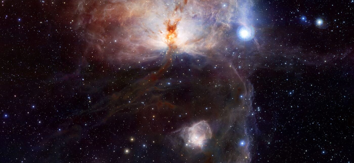 This VISTA image shows the spectacular star-forming region known as the Flame Nebula, or NGC 2024, in the constellation of Orion (the Hunter) and its surroundings.