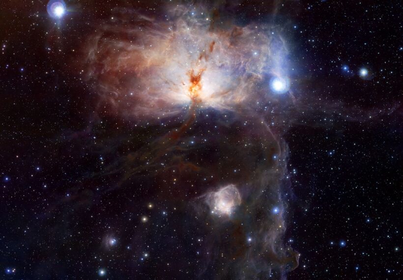 This VISTA image shows the spectacular star-forming region known as the Flame Nebula, or NGC 2024, in the constellation of Orion (the Hunter) and its surroundings.