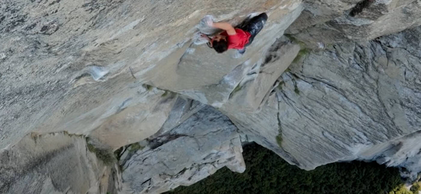 Alex Honnold free soloing "Freerider" (5.13a, 30-pitches, 915-metres) on El Capitan, Yosemite, California