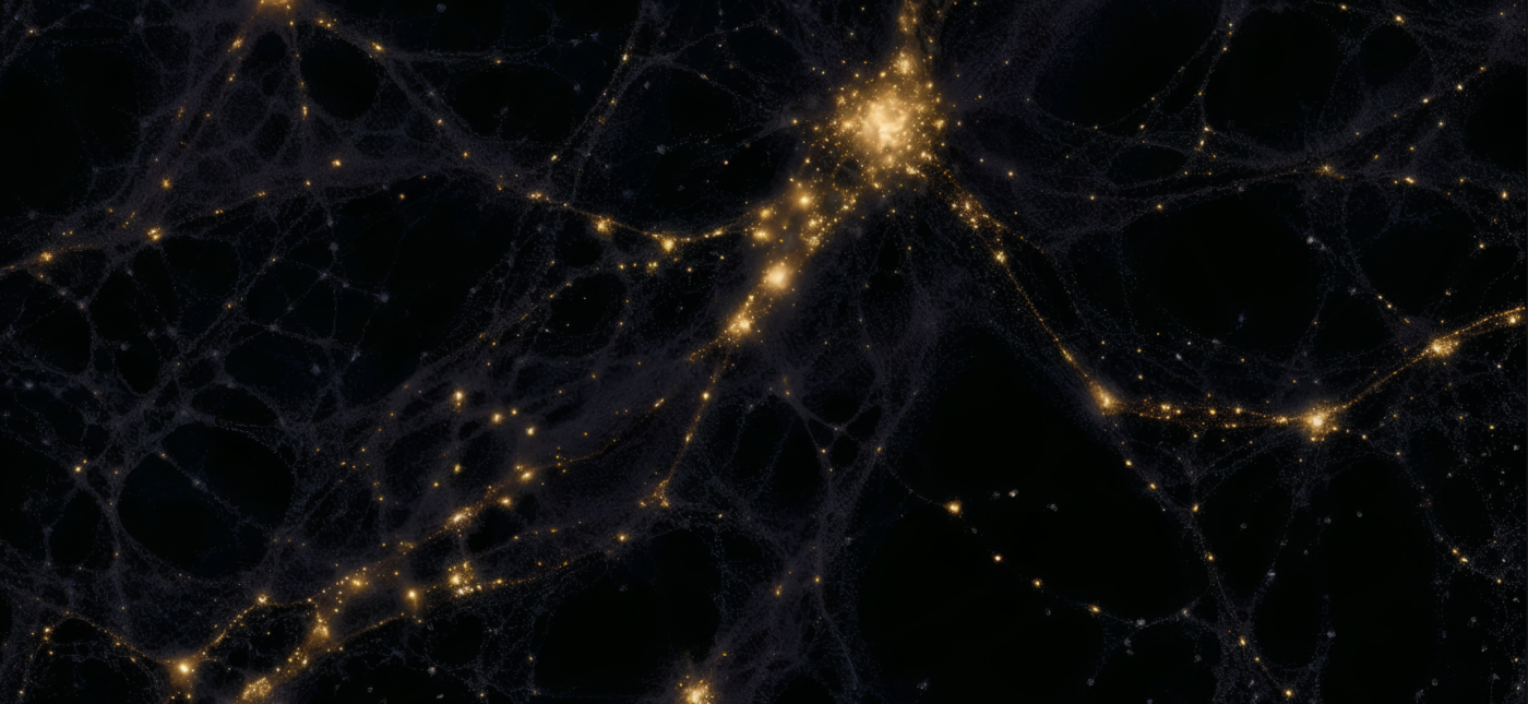 Cosmic web visualization showing filaments of dark matter and galaxies across a span of one gigalight-year.