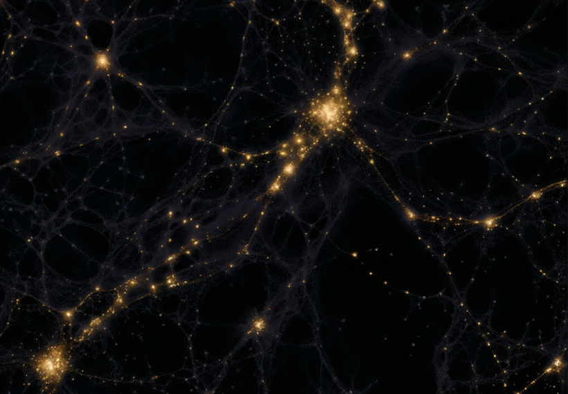 Cosmic web visualization showing filaments of dark matter and galaxies across a span of one gigalight-year.