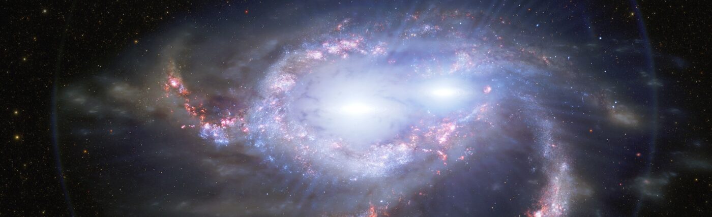 Quasars are the intensely bright cores of distant galaxies, powered by the feeding frenzies of supermassive black holes. One of the distant double quasars is depicted in this illustration.