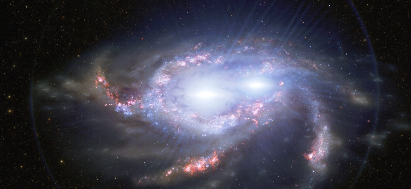 Quasars are the intensely bright cores of distant galaxies, powered by the feeding frenzies of supermassive black holes. One of the distant double quasars is depicted in this illustration.