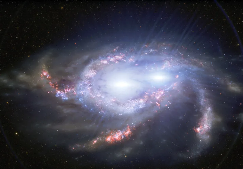 Quasars are the intensely bright cores of distant galaxies, powered by the feeding frenzies of supermassive black holes. One of the distant double quasars is depicted in this illustration.