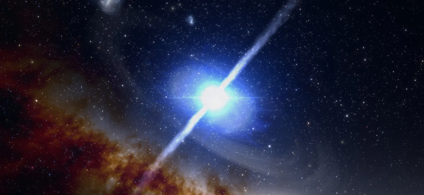 This artist's impression illustrates the merger of two neutron stars, which produces the remarkably brief (1- to 2-second) yet intensely powerful event known as a short gamma-ray burst.